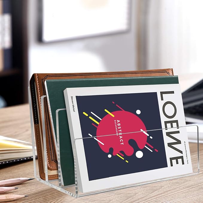 Tasybox Acrylic File Holder, File Sorter Desk File Organizer Desktop Rack | Clear Desktop File Organizer with 3 Sections, Desk Organizer Office Decor for Magazines, Files, Letters, Books, Mails