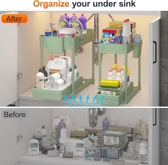 Sevenblue 4-Pack 2-Tier Under Sink Organizer with Pull Out Drawers | Multi-use kitchen & bathroom storage. Includes hanging hooks and cups. Green, space-saving cabinet design. 14.8 Inch