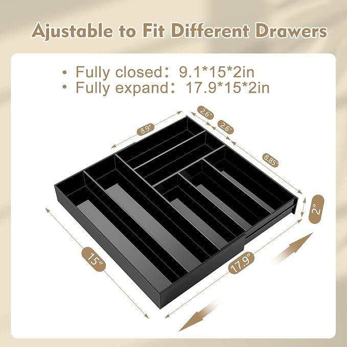 Briwooody Black Acrylic Drawer Organizer Expandable,7 Compartments,Large | 9'' up to 18'' x 12'' x 2.1'' Desk Drawer Organizer Trays Adjustable with Desk Accessories for Makeup Office Bathroom