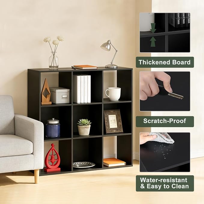 9 Cube Storage Organizer, Reversible Bookcase Shelf | Open Cube Bookshelf, Large Modern Storage for Living Room, Bedroom & Office, Black