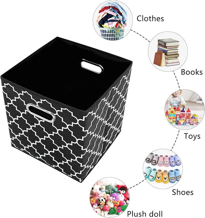 Fabric storage bins Cubes, Fabric Cube Organizer with Handle, Foldable Cube Bins for Cloth or Accessary Storage, 11x11x11 set of 6,Black Light