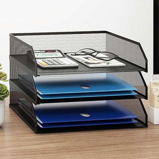 Natwind 3-Tier Stackable Metal Mesh Paper Organizer with Sliding Tray,Black | Desk Organizer for Office Supplies, Letter Tray For Desktop,File Holder For Home School Classroom Organization