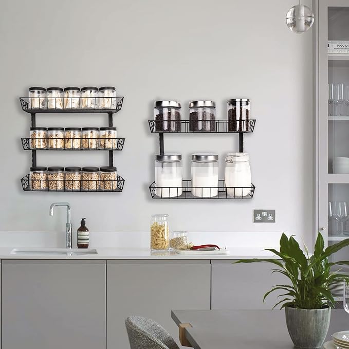 SWOMMOLY Adjustable Wall Mount Spice Rack, 6-Tier Dual-use (Multi-use) Organizer, Black | Hanging Spice Rack Organizer, Kitchen Pantry Cabinet Storage Holder for Spices, Mason Jars, Bottles & Cans, Black