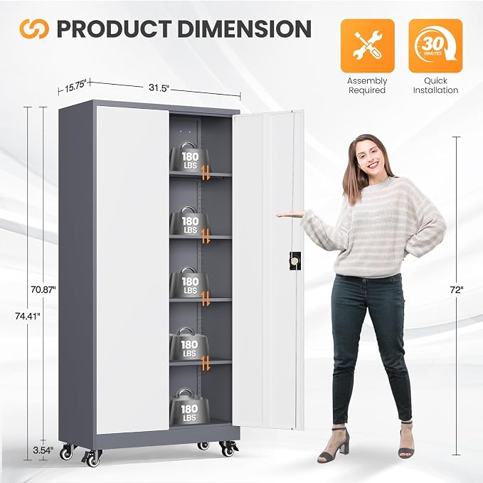 Garage Cabinet with Wheels and Adjustable Shelves, Metal Garage Storage Cabinets with 2 Doors, Storage Caninet with Lock, Large Tool Cabnet for Workshop/Home/Office-(Gray White 75”H)