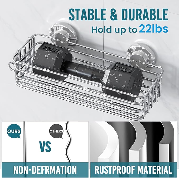 TAILI Shower Caddy Suction Cup, 3 Pack Shelves for Inside with Hooks & Soap Holder Toothbrush Cups, Removable Bathroom Organizer, Rustproof Silver Storage-Silver
