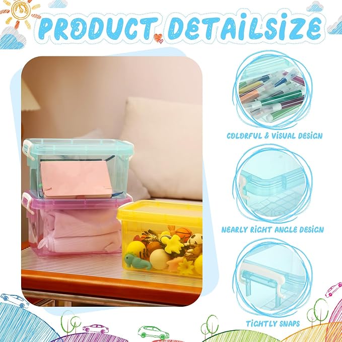 12 Pack Colorful Plastic Storage Bins with Lids 4 Quart Small Storage Latch Box Stackable and Nestable Clear Organizer Bins with Latching Handle and Buckle for Organizing (Colorful)