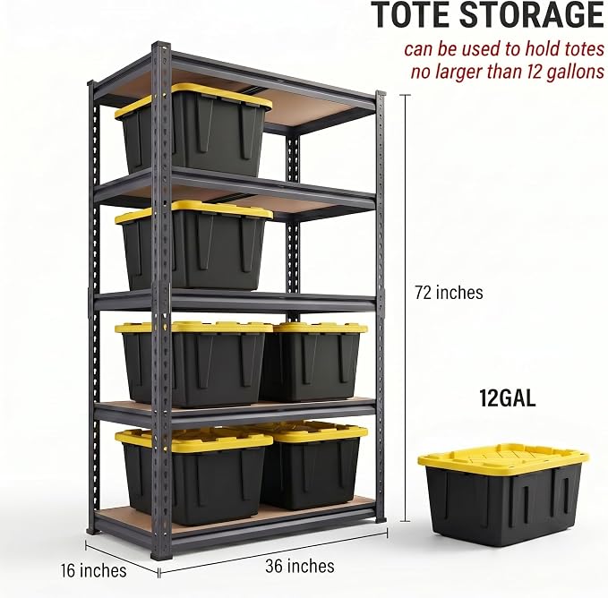 Garage Storage Shelves 36" W x 16" D x 72" H, 2500 LBS Heavy Duty Shelving Unit 5-Tier Adjustable, Extra Wide Boltless Metal Storage Rack for Garage Warehouse Basement