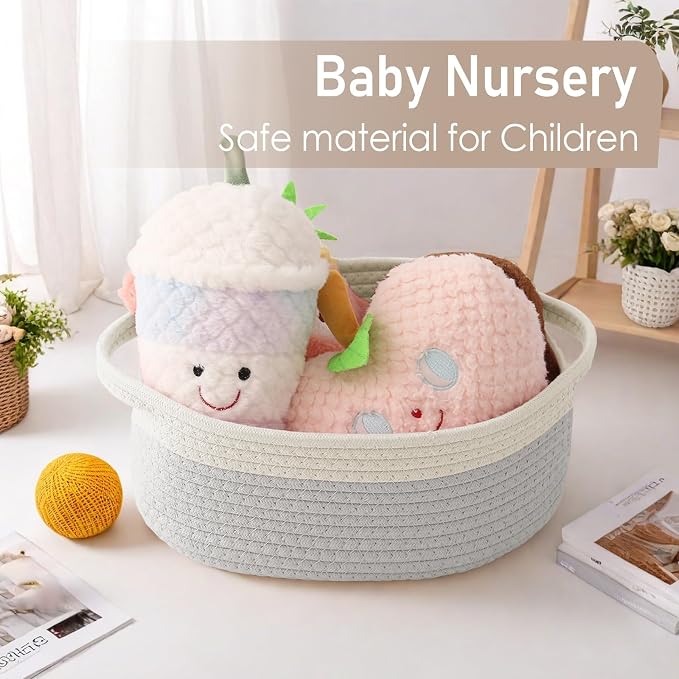JMvicyroam Small Woven Basket, Empty Gift Basket, White&Grey/1 Pack | Small Gift Basket, Cotton Rope, 12 x 8 x 66 in, Handles, Includes Ribbon and Bag, Birthday Gift Basket