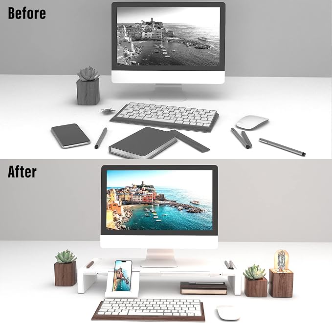 Monitor Stand Riser with Drawer & Phone Holder, Foldable Desk Organizer | Adjustable height laptop riser, built-in pen slot, space saving desktop organizer for home office White