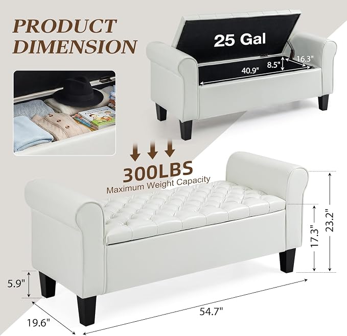 55" Storage Ottoman Bench for Living Room, End of Bed Bench with Rolled Arm Leather Ottoman with Storage Upholstered Entryway Bench Retro Style Footboard Bench for Bedroom, Cream White
