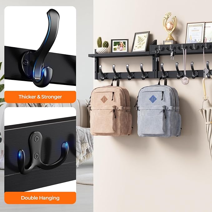 Evermagin 35" Coat Rack Wall Mount with Shelf & 13 Hooks, Entryway, Black | 4-in-1: coat hooks, key hanger, mail holder & display shelf. Pine wood. For bedroom, hallway, mudroom, livingroom