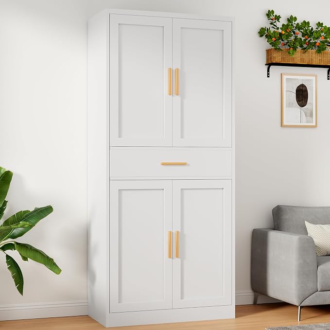 71”Tall Kitchen Pantry Cabinet, Metal Storage Cabinet with Doors and Shelves (White, 1 Drawer)