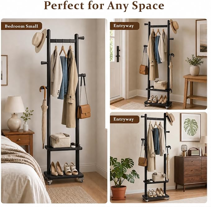 Taitiy Solid Wood Coat Rack Small Freestanding with Wheels 2 Shelves | Small spaces, solid rubberwood construction, 2 shelves and 5 hooks, ideal for bedrooms, entryways, apartments and homes