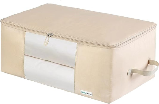 Comforter Storage Bag - Folding Organizer bag for King/Queen Comforters, Pillows, Blankets, Bedding/Quilt, Blanket, Duvet, Large Collapsible Organizers, 24"x14"x11" (Beige, 1-Pack)