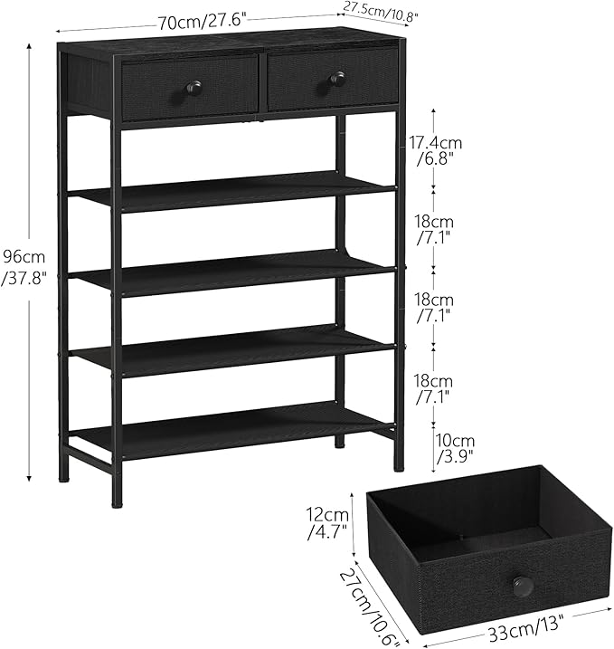 5 Tier Shoe Rack with Drawers, Metal & Wood Shelf Black | Holds 16-20 pairs. Fabric shelves prevent dust. Drawers for small items. 20-min assembly with clear guide.