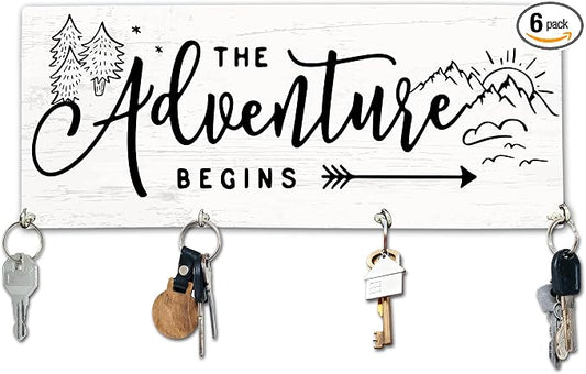 The Adventure Begins Wooden Key Holder for Wall - 5"x10" Key Organizer Hanger with 4 Hooks for Home Front Door Hallway Entryway Kitchen - Home Office Decor & Housewarming Gifts Supplies - A02