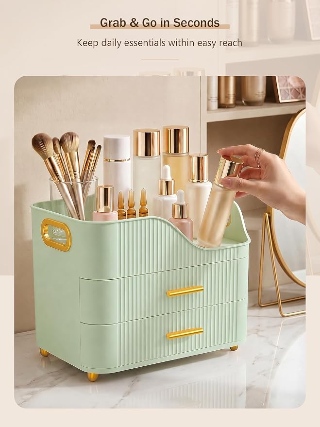 Booklov Large Makeup Organizer for Vanity, Bathroom Countertop, Green | Plastic Cosmetic Display Case with Drawers, Beauty Brush Holder for Dresser Counter Skincare Eyeshadow Lipstick Storage