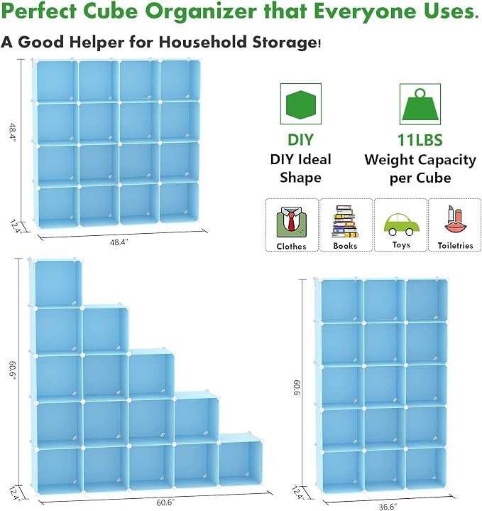 C&AHOME 16 Cube Storage Organizer Cube Shelves Units Storage Cubes, Blue | Plastic DIY Closet Organizer, Stackble Modular Closet Storage Shelves Ideal for Home, Bedroom, 48.4" L × 12.4" W × 48.4" H