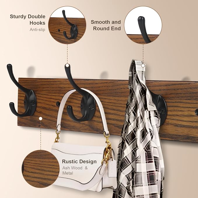 Coat Rack Wall Mounted, Wall Coat Rack with 4 Rustic Coat Hooks, 17” Entryway Ash Wood Coat Hanger Rail Hooks for Hanging Coats Hats, Perfect for Bedroom Bathroom Kitchen