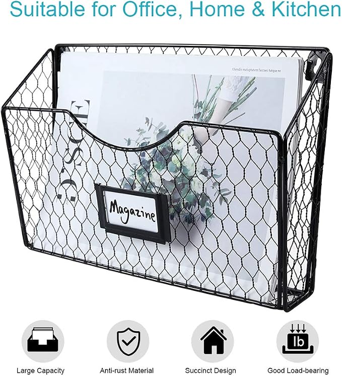 6 Pockets Hanging File Holder Wall Mount Mail Organizer Metal Chicken Wire Magazine Rack with Tag Slot, Black