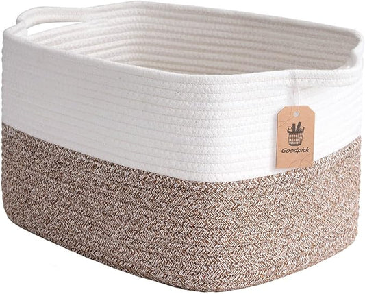 Goodpick Cotton Rope Storage Basket with Handles, 13" x 10" x 9", Brown | Toy, Book & Towel Storage, Closet & Shelves Organization, Decorative Rectangle Woven Design, Home Decor