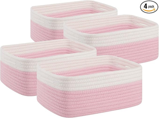 OIAHOMY 4 Pack Storage Baskets for Organizing, Small Bins for Shelves, Cute Decorative Storage Bins, Organizer Baskets for Gifts Empty,13''Lx8.7''Wx5.1''H, Pink/White