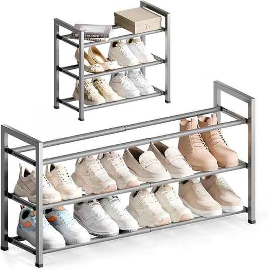 Bumusty 3 Tier Expandable Shoe Rack for Closet, Light Grey | 18"-33" Adjustable Shoe Rack for Entryway, Small Shoe Organizer for Dorm, Front Door, Sturdy Metal
