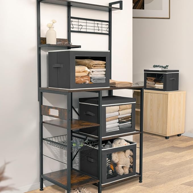 Homsorout Stackable Storage Bins with Lids - Large Storage Box with Lids, Foldable Closet Boxes for Organizing, Wardrobe Clothes Organizer with Window, Cubes Bins for Living Room, 4 Pack, Dark Grey