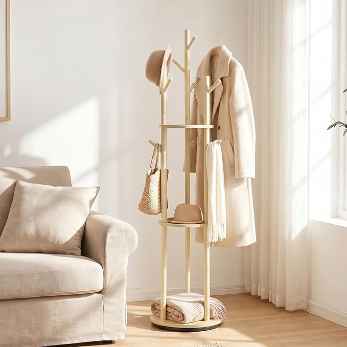 YYW 360° Wood Coat Rack Stand With Hooks And Shelves Standing Organizer | Free Standing Rotating Organizer, Includes 9 Hooks And 3 Shelves, Perfect For Bedroom, Hallway, Small Space