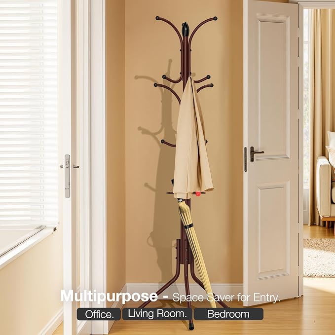 Coat Rack Freestanding,12 Hooks Metal Coat Racks with Umbrella Holder,Sturdy Hall Rree,Easy Assembly Coat Rack Stand for Hanging Scarf,Purse,Hats,Jacket(Brown)