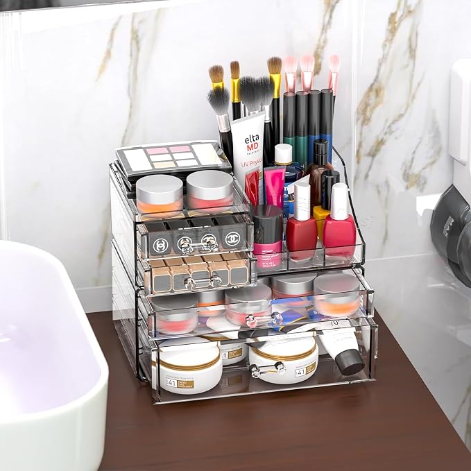 Small Make up Organizers and Storage with 4 Drawers,Clear Skincare Organizers,Cosmetic Storage for Dresser Top Organizer,Bathroom,Vanity,Countertop Makeup Organizers for Skin Care and Beauty Organizer