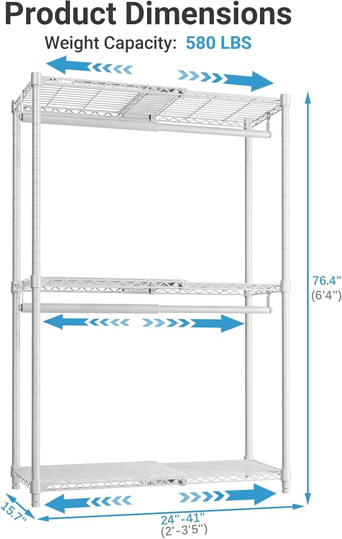 VIPEK X1 Expandable Clothes Rack Heavy Duty Adjustable Closet System White | Adjustable Shelves and Hanger Rods from 2' to 3'5", Reach-in & Walk-in Closets Metal Garment Racks Portable Closet Organizer