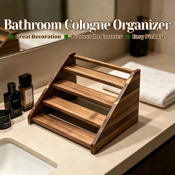 Acacia Wood 4 Tier Slanted Cologne Stand for Men, Wooden Fragrance Display Rack for Dresser Counter Bathroom Vanity