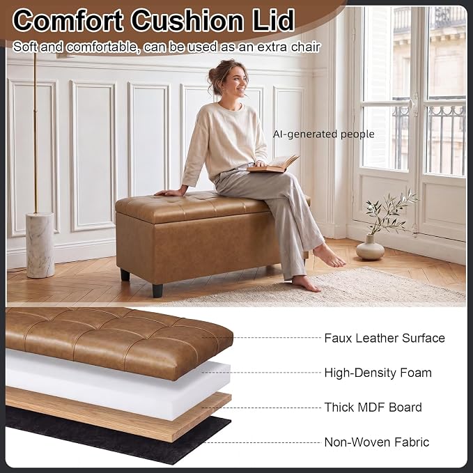 Storage Ottoman Bench,Faux Leather Upholstered Ottoman with Storage,End of Bed Bench with Safety Hinge,for Entryway,Bedroom,Living Room