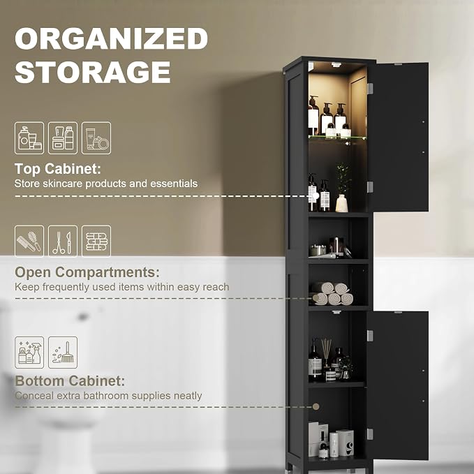 67" Tall Bathroom Storage Cabinet with Lights, Slim Narrow Bathroom Cabinet Organizer with Doors and Adjustable Shelves, Tall Cabinet for Small Space (66.9" Tall-Black with Light)