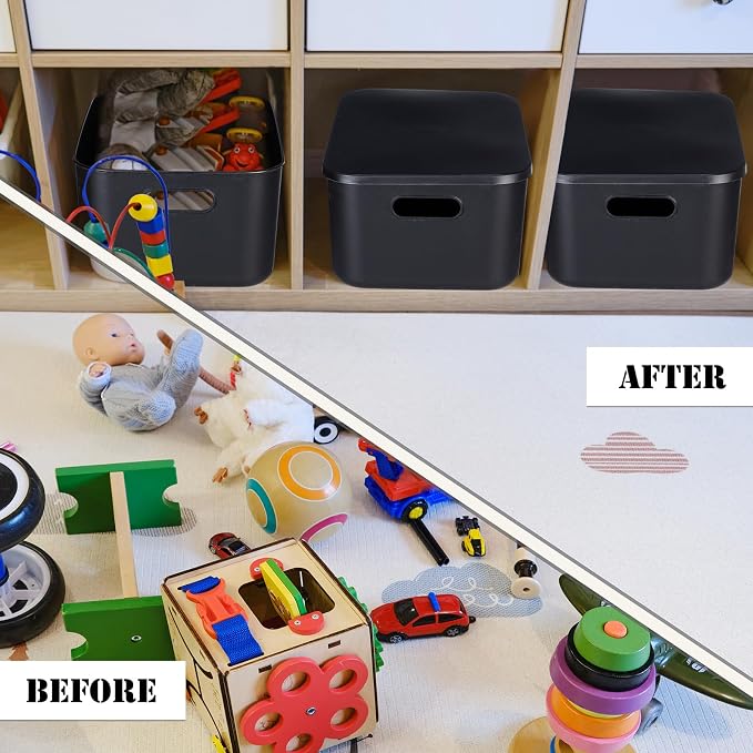 8 Pieces Colorful Storage Bins with Lid, Plastic Storage Basket Organizing Container Stackable Box with Handle for Shelves Desktop Playroom Office(13.8 x 9.8 x 5.9 Inch,Black)