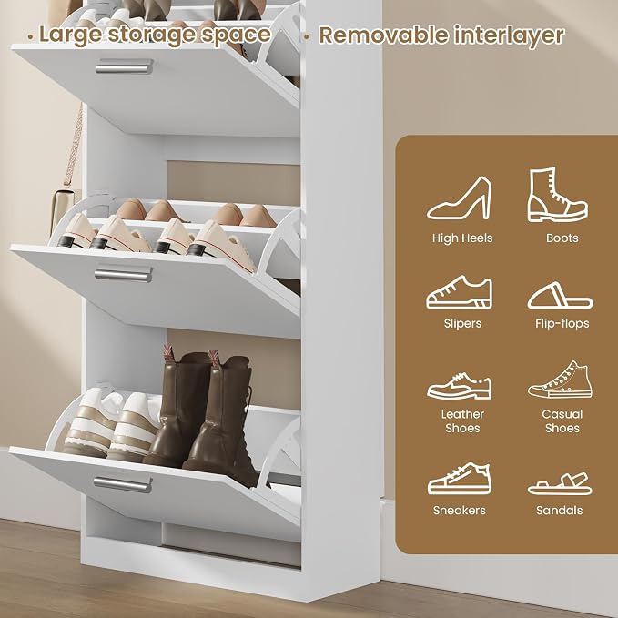 Shoe Cabinet Organizer with 2 Flip Drawers,Narrow Shoe Rack 18.9" W White | Freestanding shoe storage cabinet for entryway,foyer and hallway,slim design and space-saving flip drawers