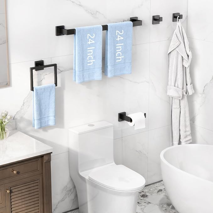 Gypie 5-Piece Bathroom Accessories Set, 24-in Towel Racks Wall Mounted Stainless Steel, Towel Hardware Set Matte Black