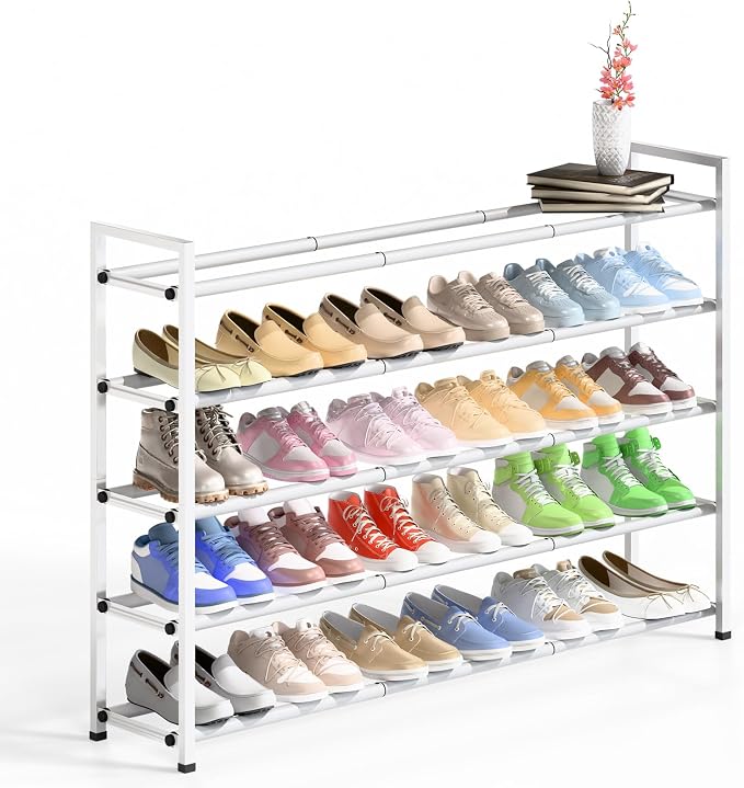 Bumusty 5 Tier Long Expandable Shoe Rack for Closet, White | 18"-44" Adjustable Shoe Rack for Entryway, Shoe Organizer for Dorm, Front Door, Sturdy Metal