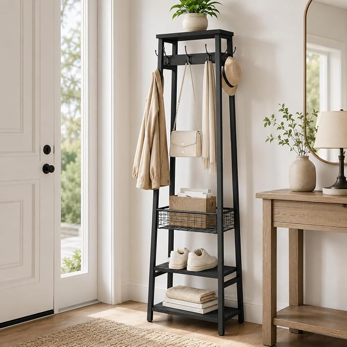 Coat Rack with Metal Basket and Storage Shelves | Coat Stand Freestanding, Hall Tree With and 7 Hooks, Clothes Rack Stand Organizer, Black