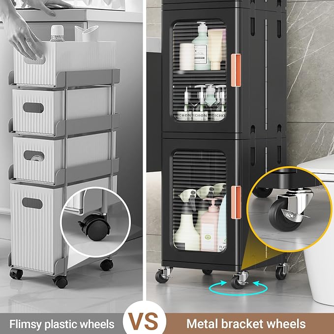 BROVIEW 3-Tier Tall Narrow Storage Cabinet Organizer, Slim Bathroom Cabinets with Adjustable Shelves and Doors, Plastic Kitchen Pantry Organizers and Storages for Small Space, Laundry, Black