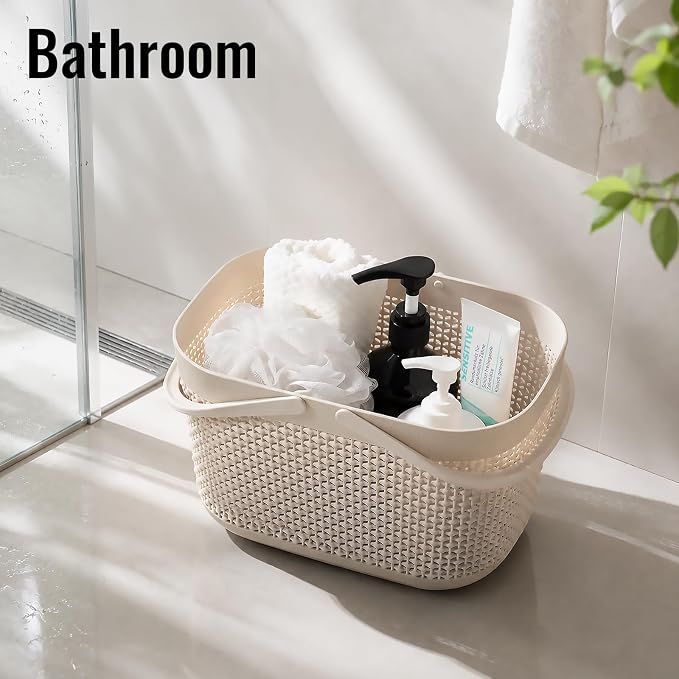 Plastic Portable Shower Caddy Basket, Storage Organizer with Handle, Beige | Bottom Drain Holes, Keep Dry, Sturdy and Durable, Easy to Carry for Bathroom, Kitchen, Dorm Room, RV, College