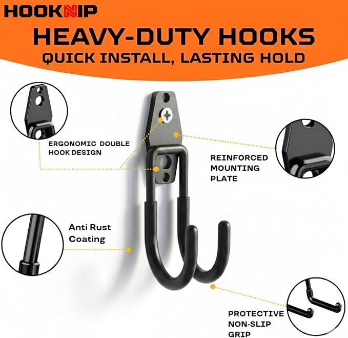16 Pack Heavy Duty Garage Hooks, Wall Mounted Tool Hangers | PVC-coated hooks for bikes, ladders, garden tools and storage, anti-rust garage wall organizer.