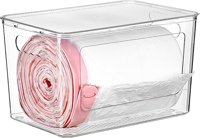 Vtopmart 1 Pack Clear Trash Bag Holder, Stackable Garbage Bag Dispenser | Trash Bag Organizer for 13/30/33 Gallon Bags, Clear Organizer Bins for Under Kitchen Sink, Laundry Room Organization
