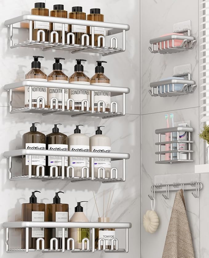 8 Pack Adhesive Rustproof Shower Caddy with Soap Dishes, Toothbrush Holder & Hooks, Large Capacity No-Drilling Shower Shelves Rack for Bathroom Organizers and Storage Accessories, Silver
