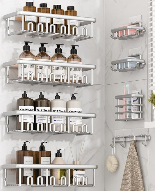 8 Pack Adhesive Rustproof Shower Caddy with Soap Dishes, Toothbrush Holder & Hooks, Large Capacity No-Drilling Shower Shelves Rack for Bathroom Organizers and Storage Accessories, Silver