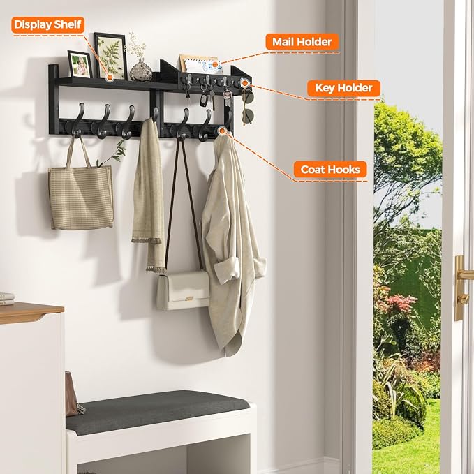 Evermagin 29" Coat Rack Wall Mount with Shelf for Entryway, Black | Wall Mounted Coat and Key Rack with Hooks, Key Holder with Mail Organizer for Wall, Living Room, Mudroom, Bedroom