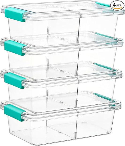 Vtopmart 4 Pack 1.5Qt Clear Pencil Box, Plastic Pencil Holder with Removable Divider for Pen Organizer, Small Stackable Containers with Lid for Pen, Art Craft, Sticker, Scrapbook & Office Supplies