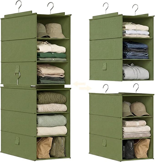 Extra Deep Hanging Closet Organizers and Storage, 2 Pack 3-Shelf | Separable Hanging Shelves with Linen Texture, Foldable & Space-Saving, For Clothes, Handbags, Hats, Closet, Dorm, RV, Green