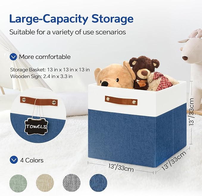 Patvingot 13-Inch Linen Storage Cubes with Labels and PU Handles,4 Pack | Roomy storage for blankets, sweaters and towels, reinforced bottom, contents stay easy to identify, folds flat when empty